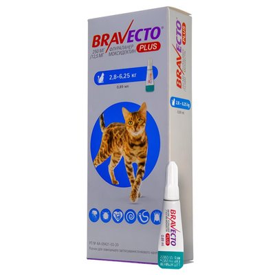 Бравекто Plus для Котів/Bravecto Plus Cat 2,8-6,25кг 250 мг спот-он MSD19615 фото